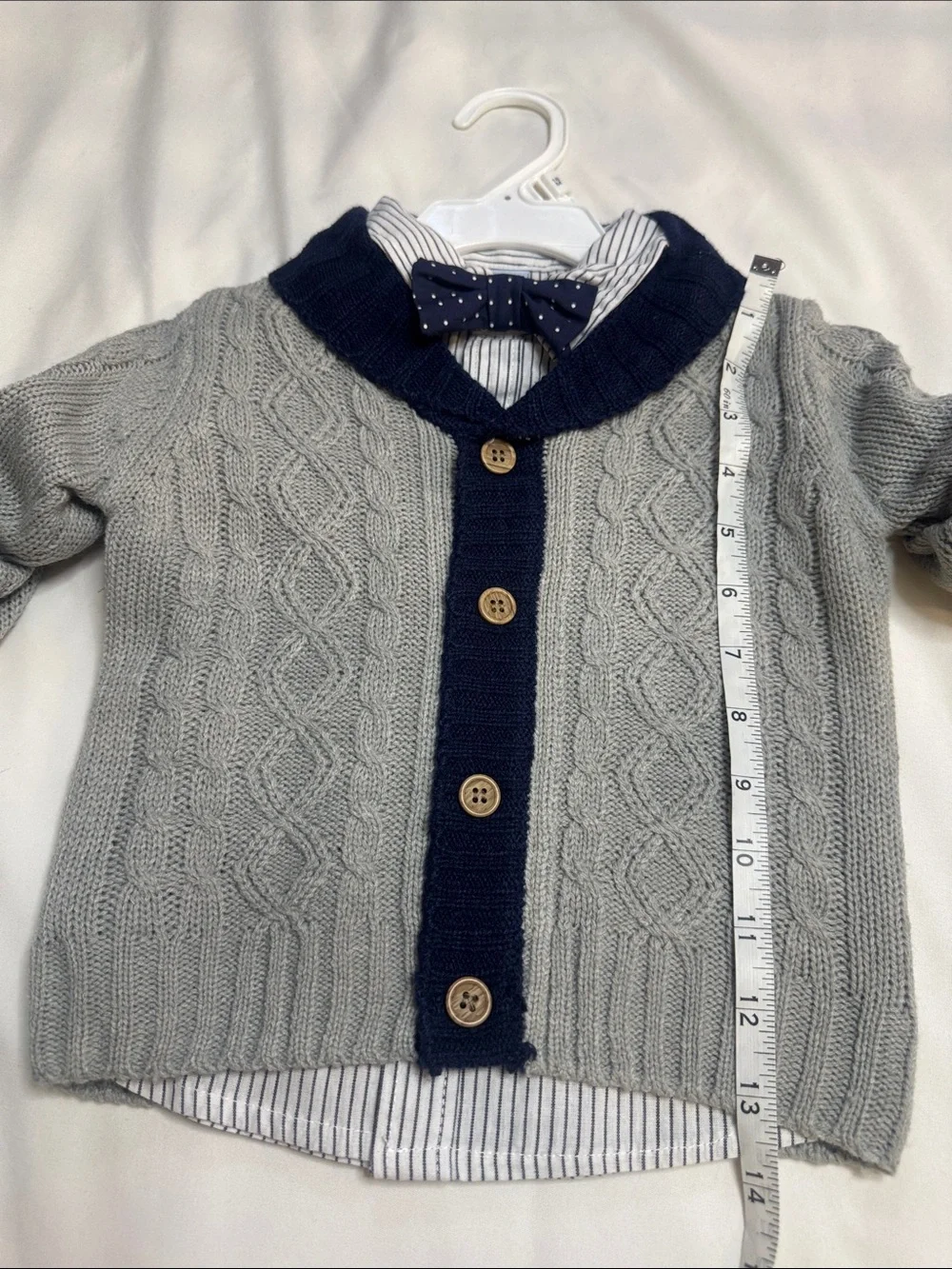 Little One 3 piece set:Gray Cable Knit Cardigan with Navy Trim